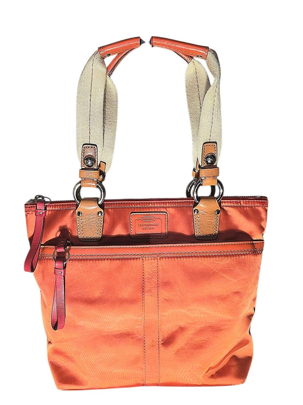 EUC Vintage Y2K Coach Hamptons Orange Satin Nylon Tote Bag Leather Trim Shoulder